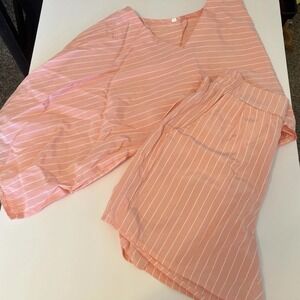 Fashion Pajama Set Women XS Pink Like New Striped Crop Top Shorts Sleepwear